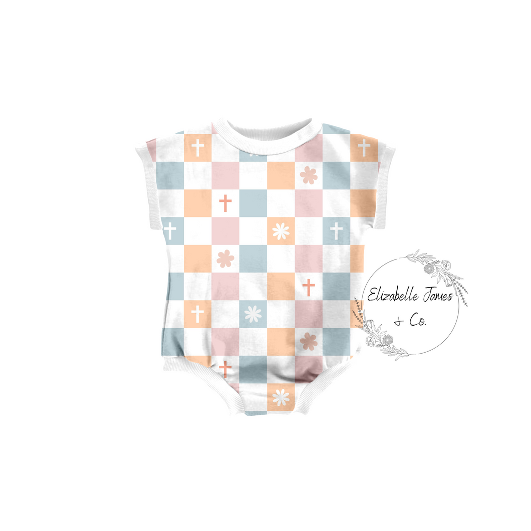 Pastel Checkered Short Sleeve Sweater Romper w. Snaps