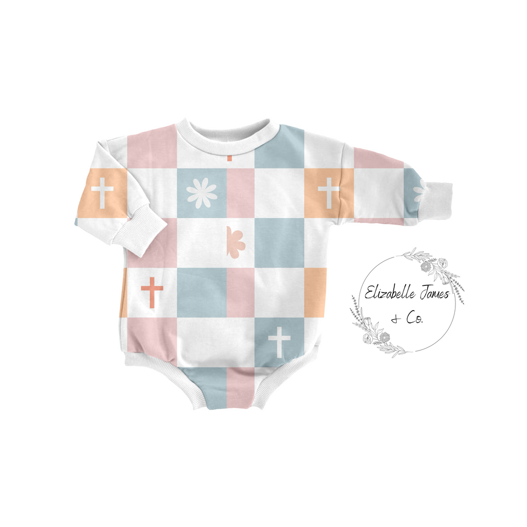 Pastel Checkered Pattern Sweater Romper WITH Snaps